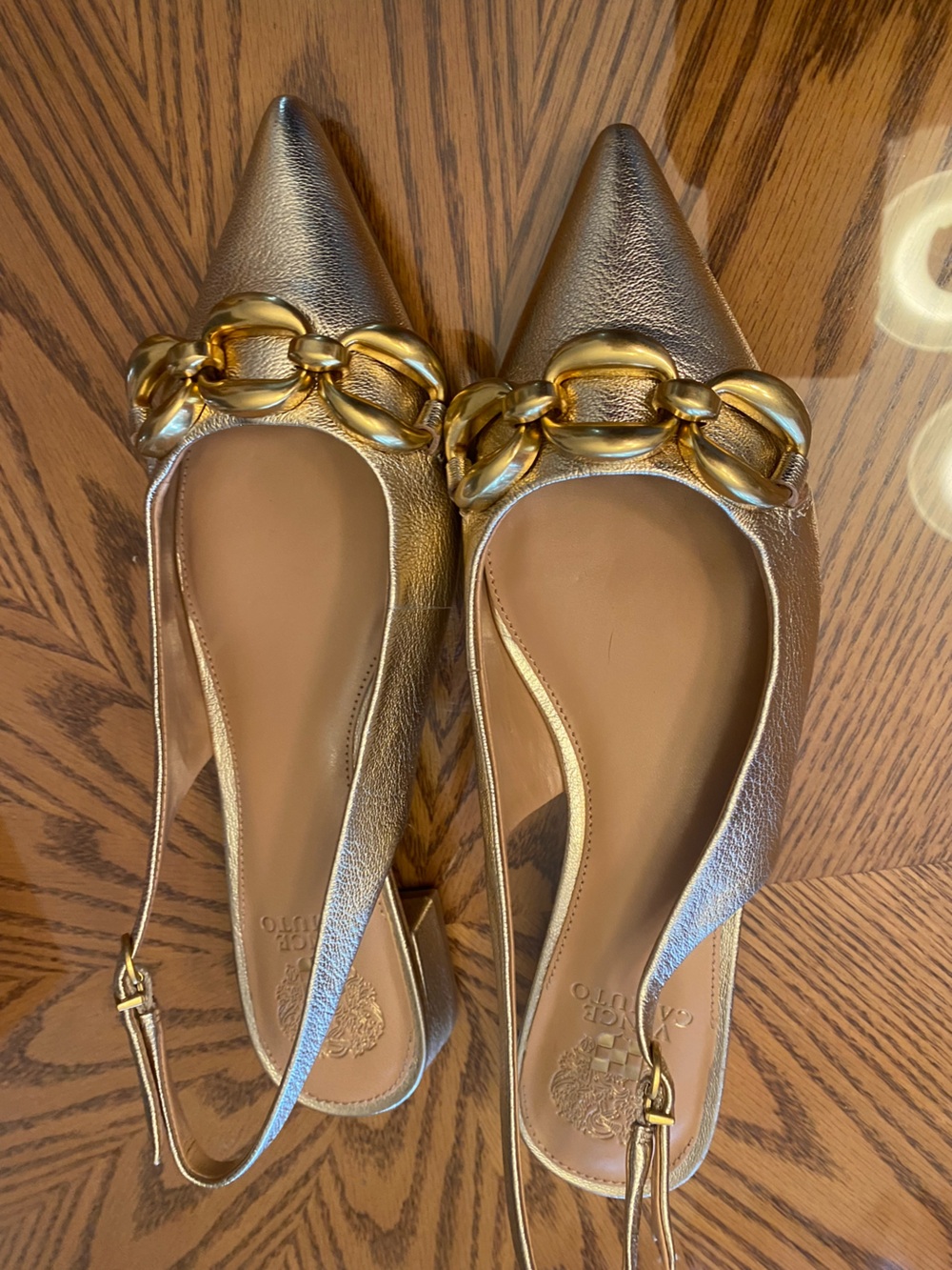Vince Camuto Gold Metallic Pointed Slingback Flats with Chain Detail